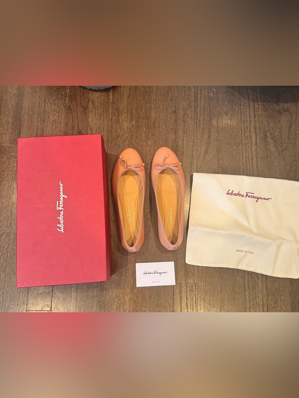 Salvatore Ferragamo Pink Coral Leather Bow Flats